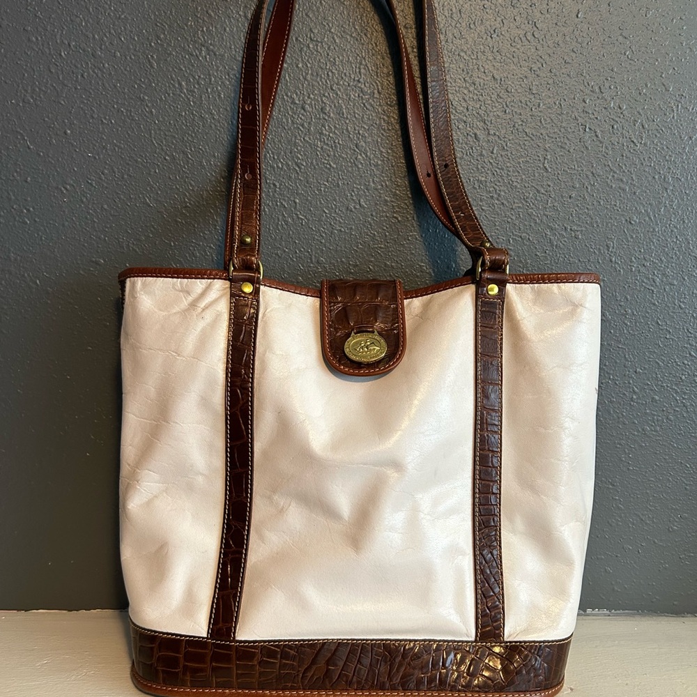 Vintage Brahmin Jaydon Tote Bag with White Body & Brown Crocodile Embossed Trim
